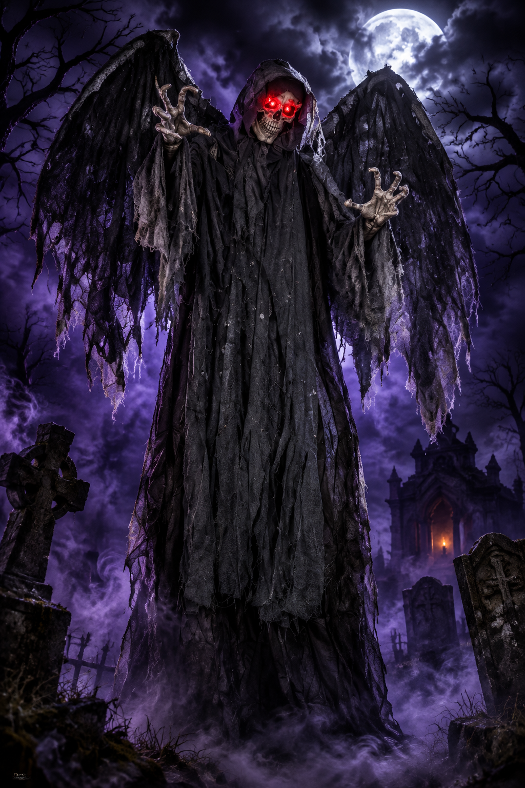 Animatronic Winged Grim Reaper Halloween Decoration | Glowing Red Eyes, Moving Head & Hands, Touch & Sound Activated | 6.3ft