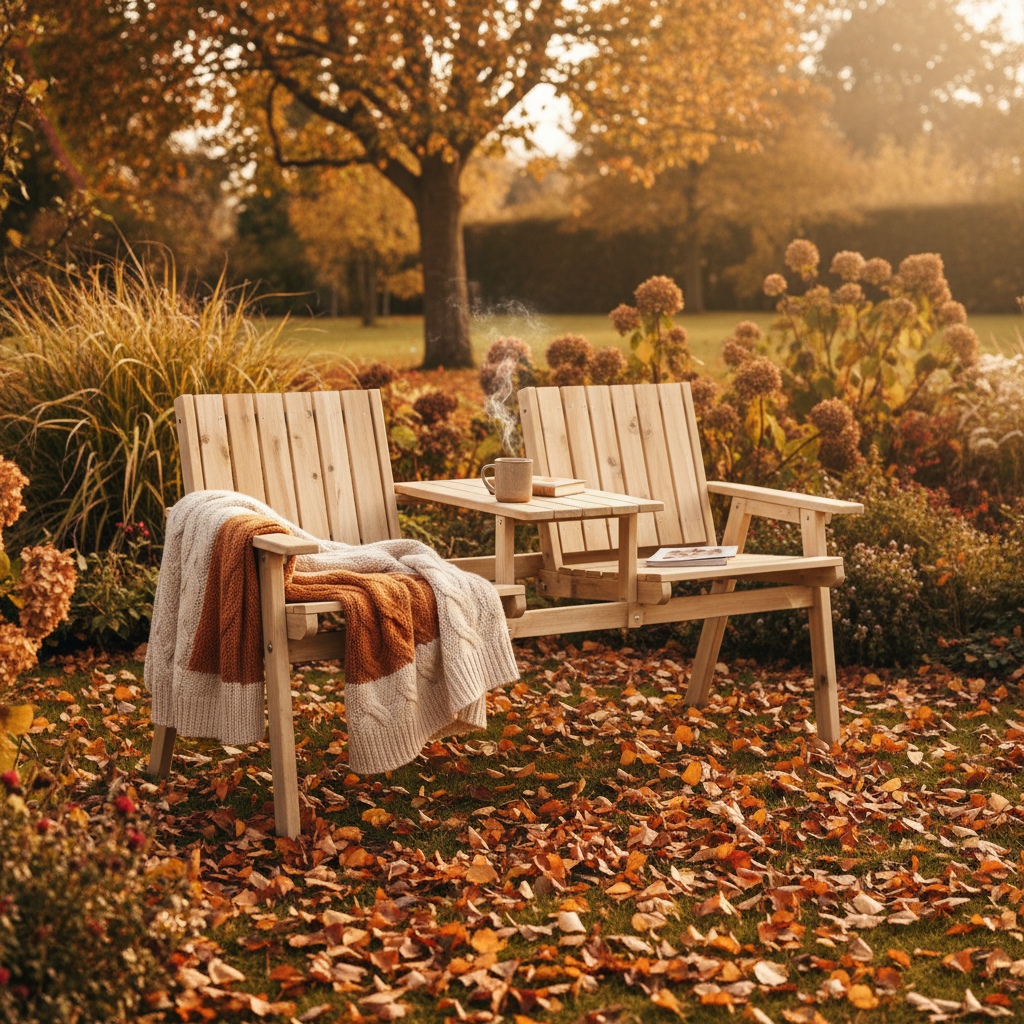 2-Seater Garden Loveseat with Middle Table | Wood Finish Patio Furniture