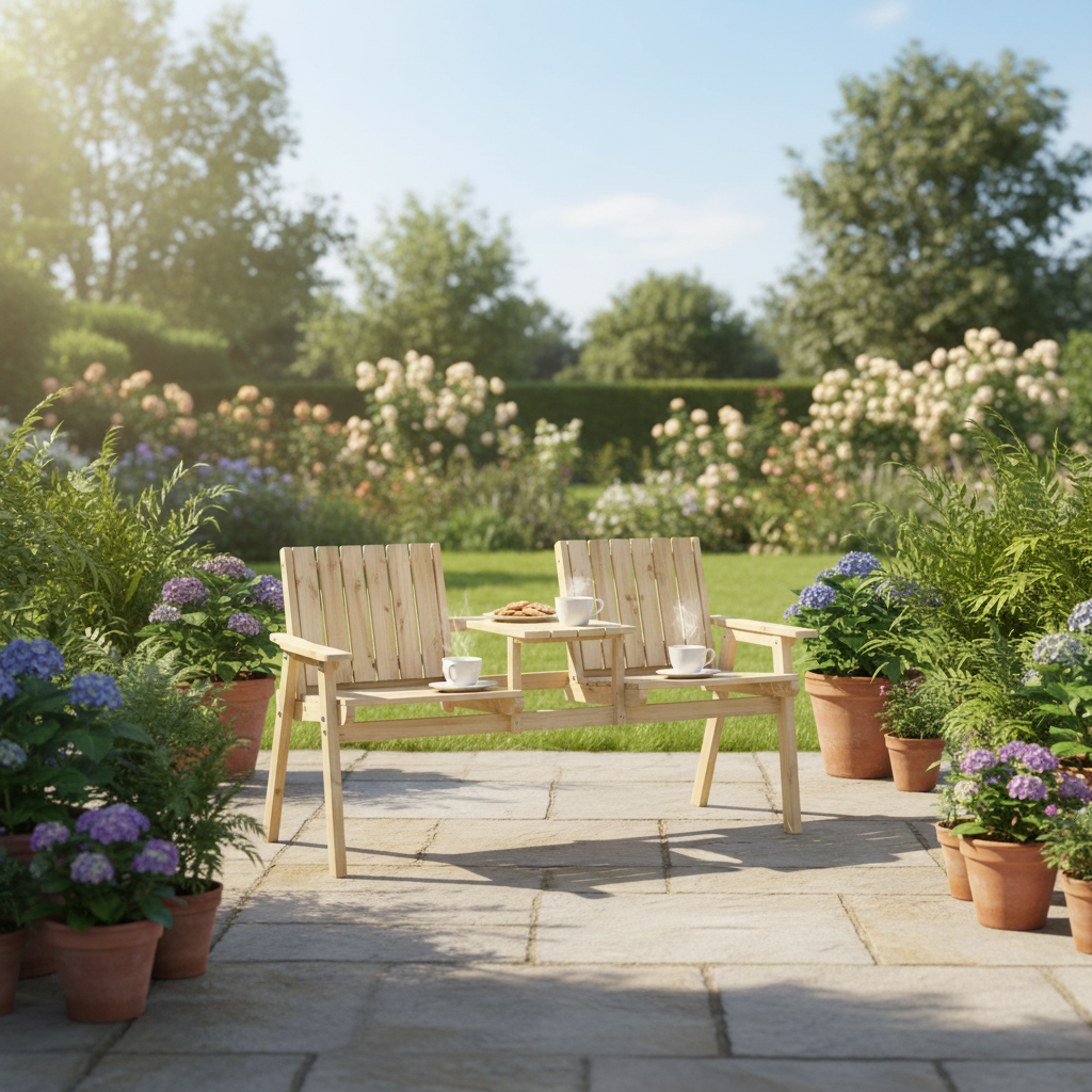 2-Seater Garden Loveseat with Middle Table | Wood Finish Patio Furniture