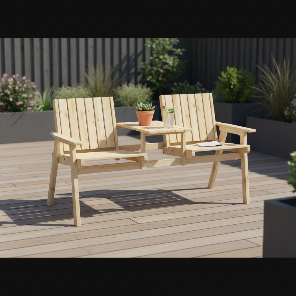 2-Seater Garden Loveseat with Middle Table | Wood Finish Patio Furniture