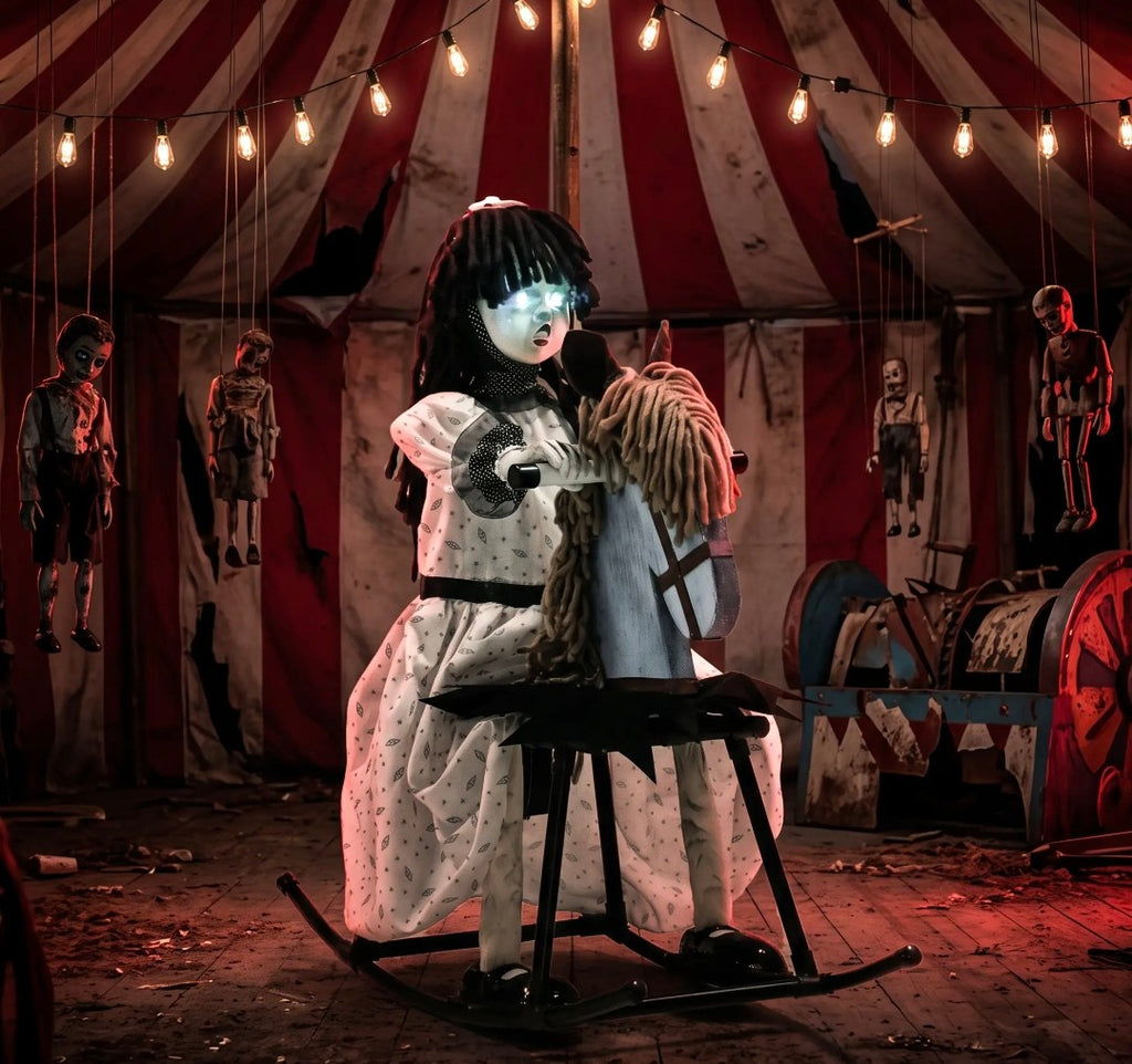 Animated Halloween Girl Riding Horse | Animatronic Decoration with Glowing Eyes, Creepy Rhymes & Sound/Touch Activation