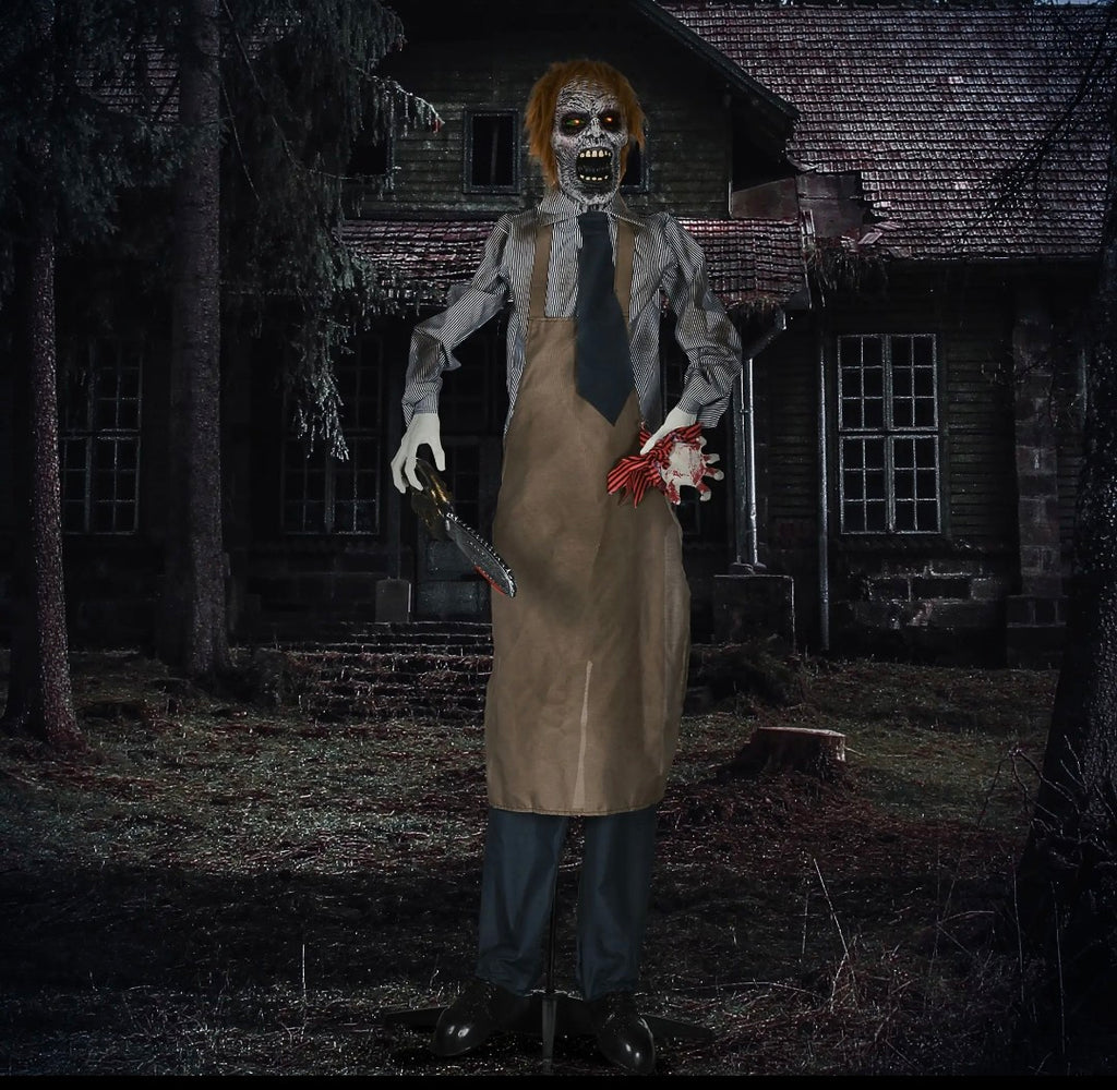 Animatronic Life-Size Chainsaw Killer Halloween Decoration | Light-Up Eyes, Sound Activated Moving Body | 5.5ft