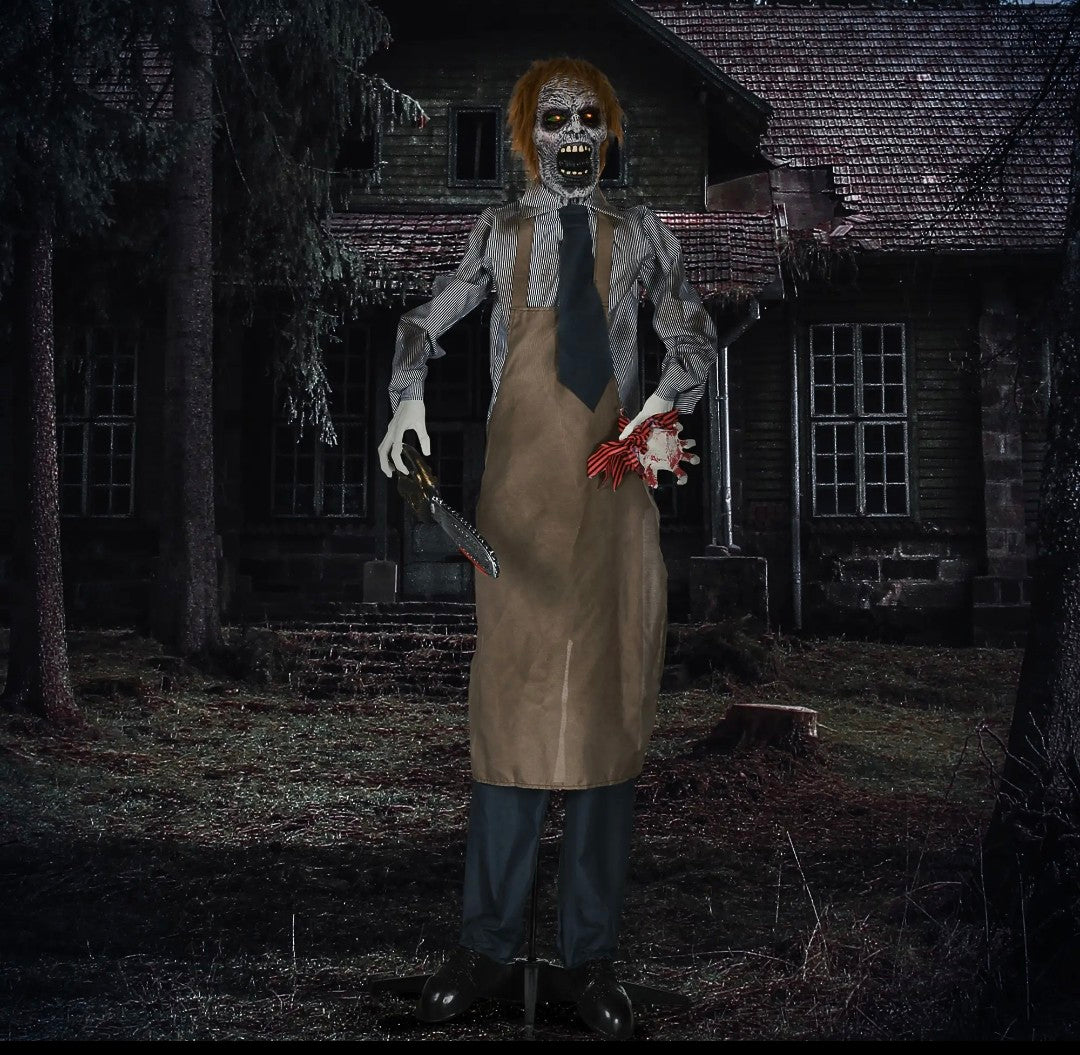 Animatronic Life-Size Chainsaw Killer Halloween Decoration | Light-Up Eyes, Sound Activated Moving Body | 5.5ft