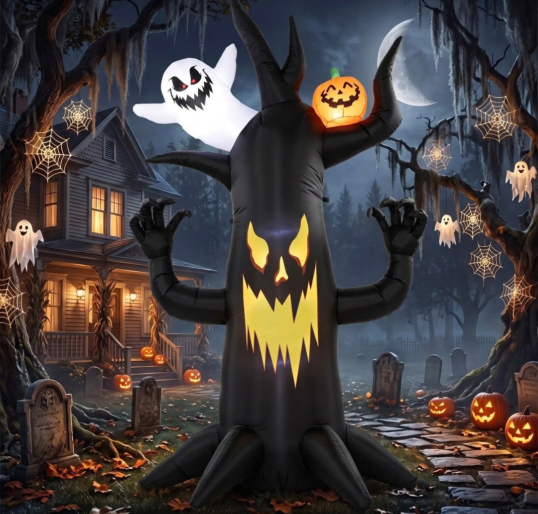 8ft Halloween Inflatable Spooky Tree with Ghost & Pumpkin – LED Lit Indoor/Outdoor Decoration