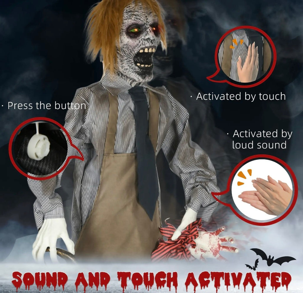 Animatronic Life-Size Chainsaw Killer Halloween Decoration | Light-Up Eyes, Sound Activated Moving Body | 5.5ft