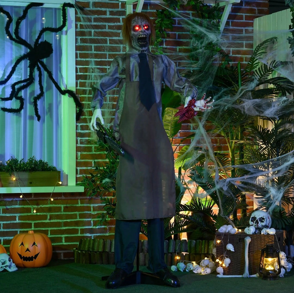 Animatronic Life-Size Chainsaw Killer Halloween Decoration | Light-Up Eyes, Sound Activated Moving Body | 5.5ft