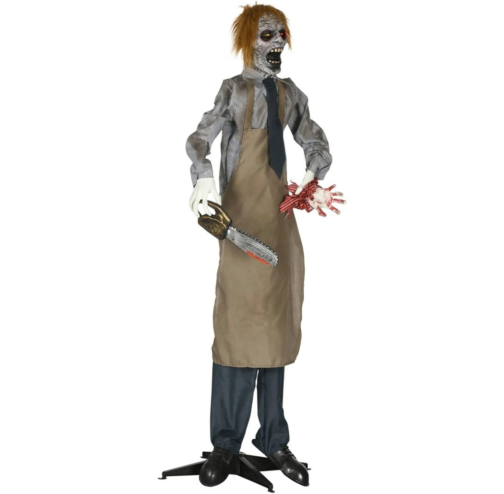 Animatronic Life-Size Chainsaw Killer Halloween Decoration | Light-Up Eyes, Sound Activated Moving Body | 5.5ft