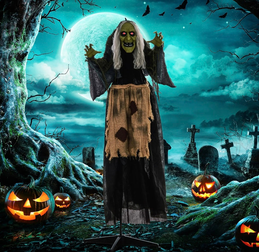 Animatronic Hunchback Witch Halloween Decoration | Glowing Red Eyes, Moving Head & Shoulders, Touch & Sound Activated | 160cm
