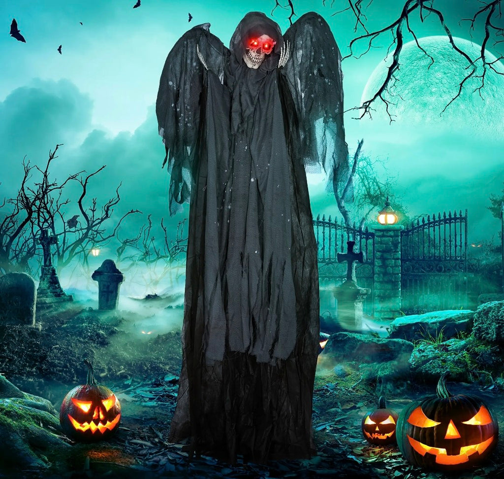 Animatronic Winged Grim Reaper Halloween Decoration | Glowing Red Eyes, Moving Head & Hands, Touch & Sound Activated | 6.3ft