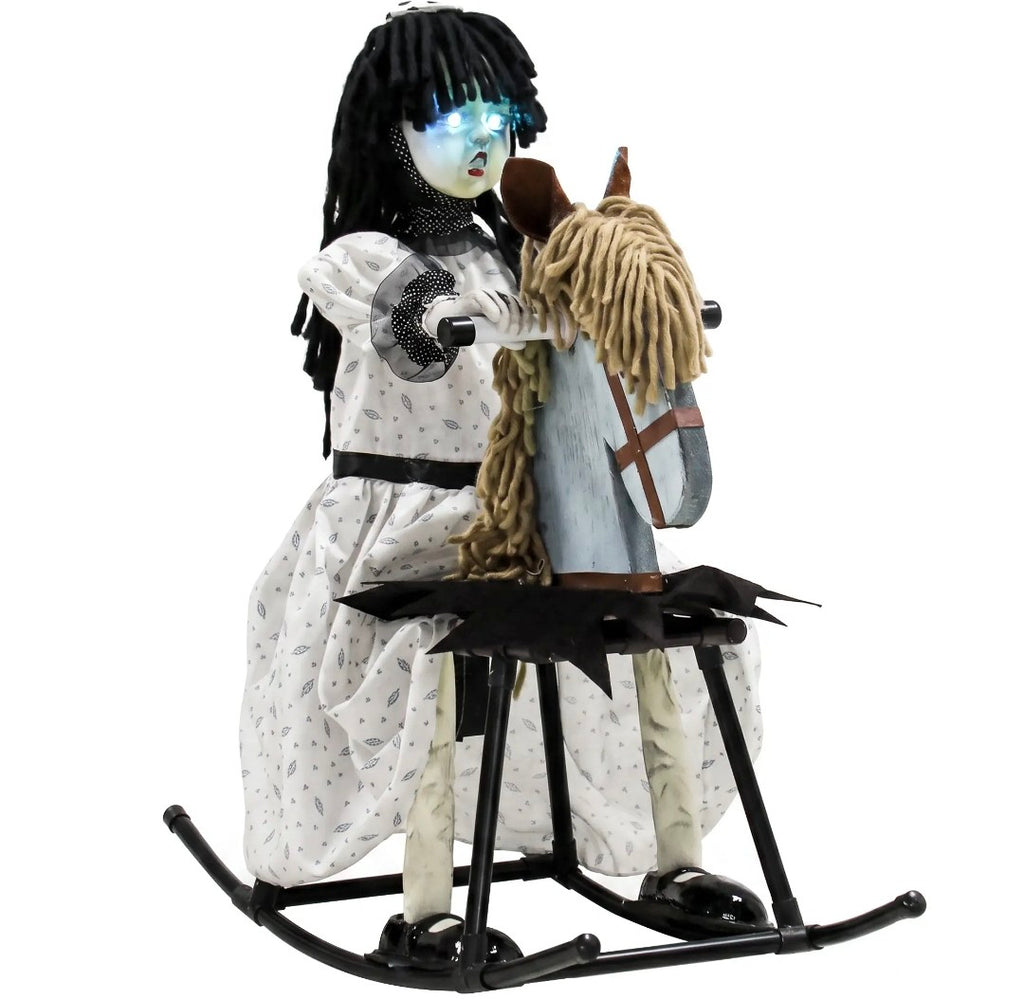 Animated Halloween Girl Riding Horse | Animatronic Decoration with Glowing Eyes, Creepy Rhymes & Sound/Touch Activation