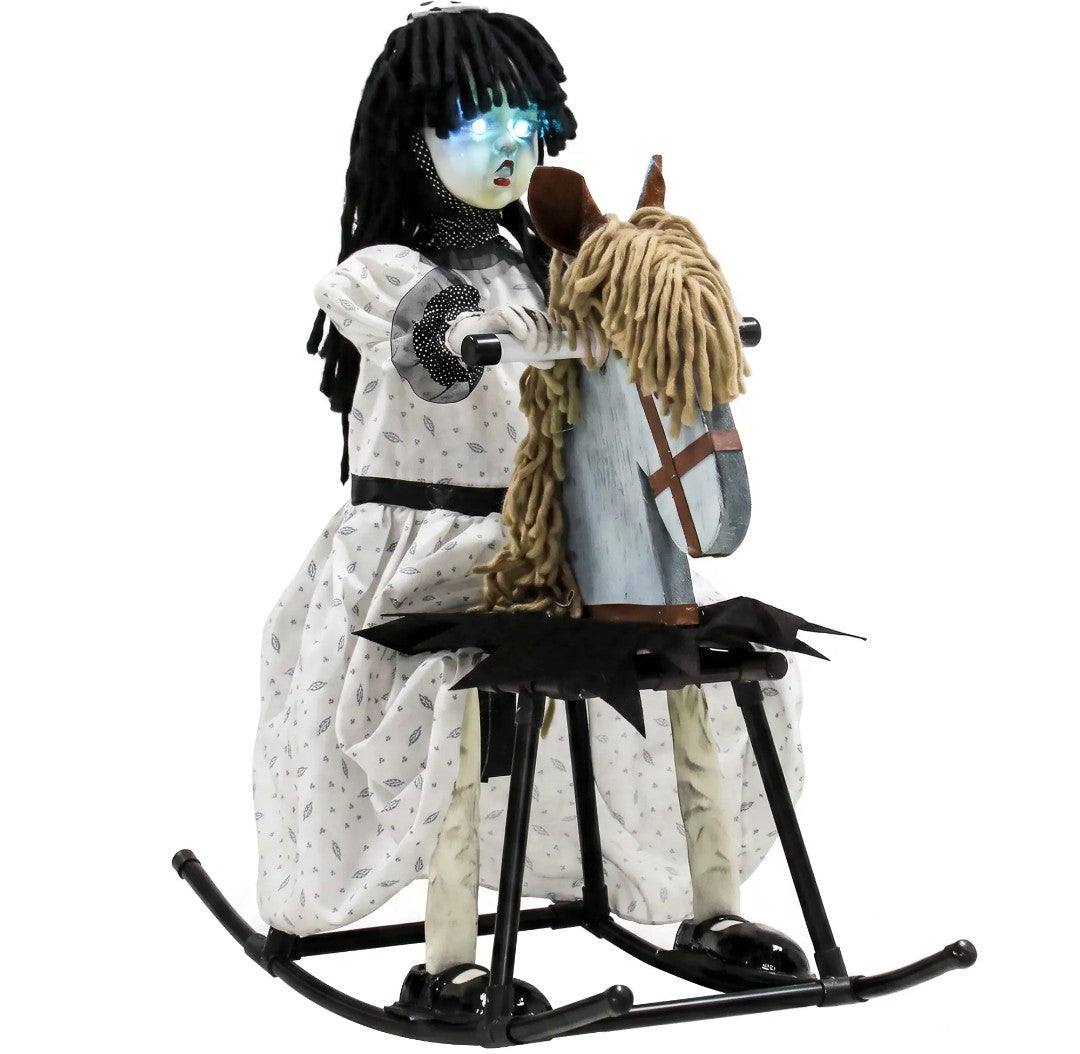 Animated Halloween Girl Riding Horse | Animatronic Decoration with Glowing Eyes, Creepy Rhymes & Sound/Touch Activation