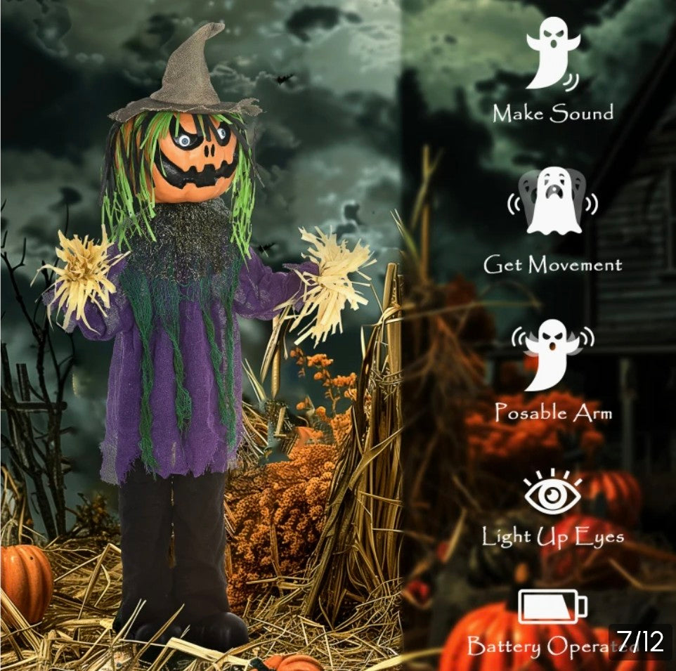 Animatronic Pumpkin Scarecrow Halloween Decoration | Glowing Red Eyes, Circus Music, Touch & Sound Activated | 114cm