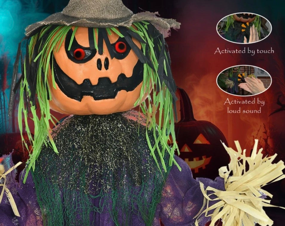 Animatronic Pumpkin Scarecrow Halloween Decoration | Glowing Red Eyes, Circus Music, Touch & Sound Activated | 114cm