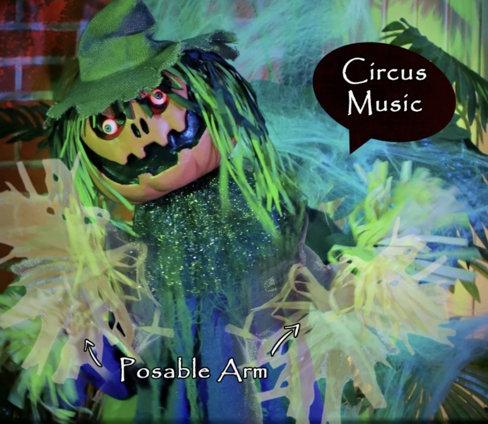 Animatronic Pumpkin Scarecrow Halloween Decoration | Glowing Red Eyes, Circus Music, Touch & Sound Activated | 114cm