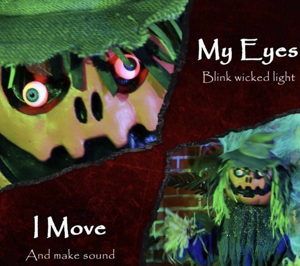 Animatronic Pumpkin Scarecrow Halloween Decoration | Glowing Red Eyes, Circus Music, Touch & Sound Activated | 114cm
