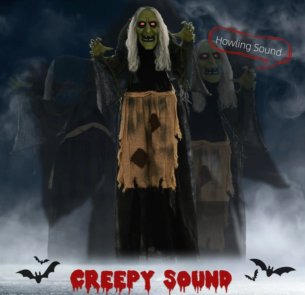 Animatronic Hunchback Witch Halloween Decoration | Glowing Red Eyes, Moving Head & Shoulders, Touch & Sound Activated | 160cm