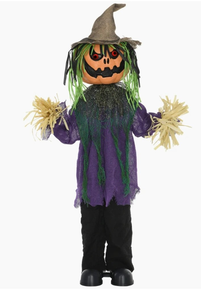 Animatronic Pumpkin Scarecrow Halloween Decoration | Glowing Red Eyes, Circus Music, Touch & Sound Activated | 114cm