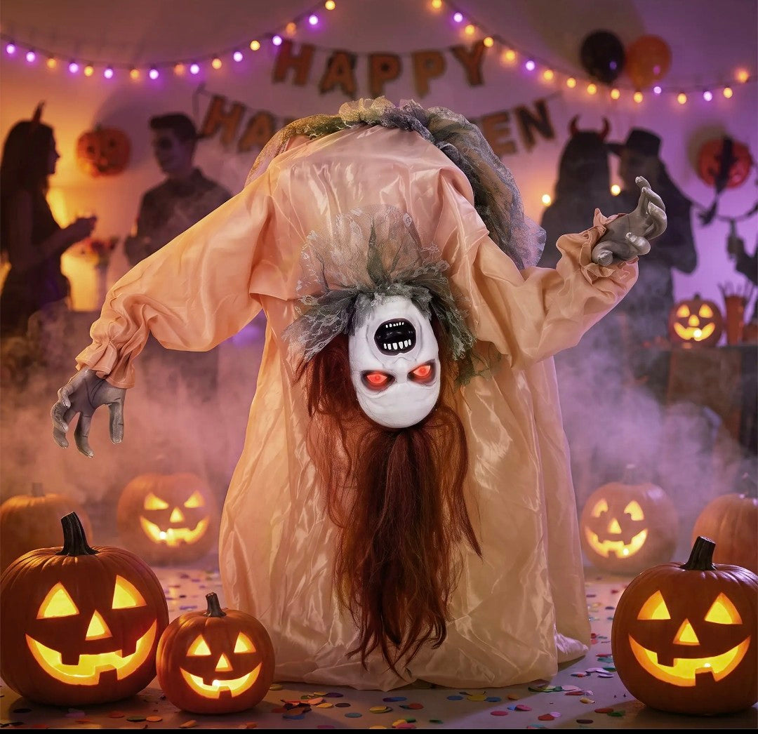 Animatronic Swaying Female Ghost Halloween Decoration | Glowing Red Eyes, Sound, Touch & Vibration Activated | 100cm