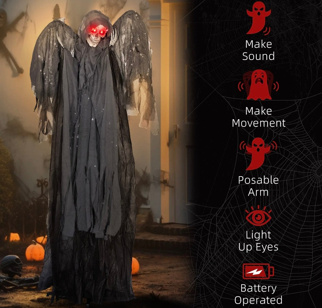 Animatronic Winged Grim Reaper Halloween Decoration | Glowing Red Eyes, Moving Head & Hands, Touch & Sound Activated | 6.3ft