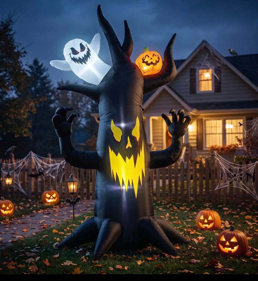 8ft Halloween Inflatable Spooky Tree with Ghost & Pumpkin – LED Lit Indoor/Outdoor Decoration