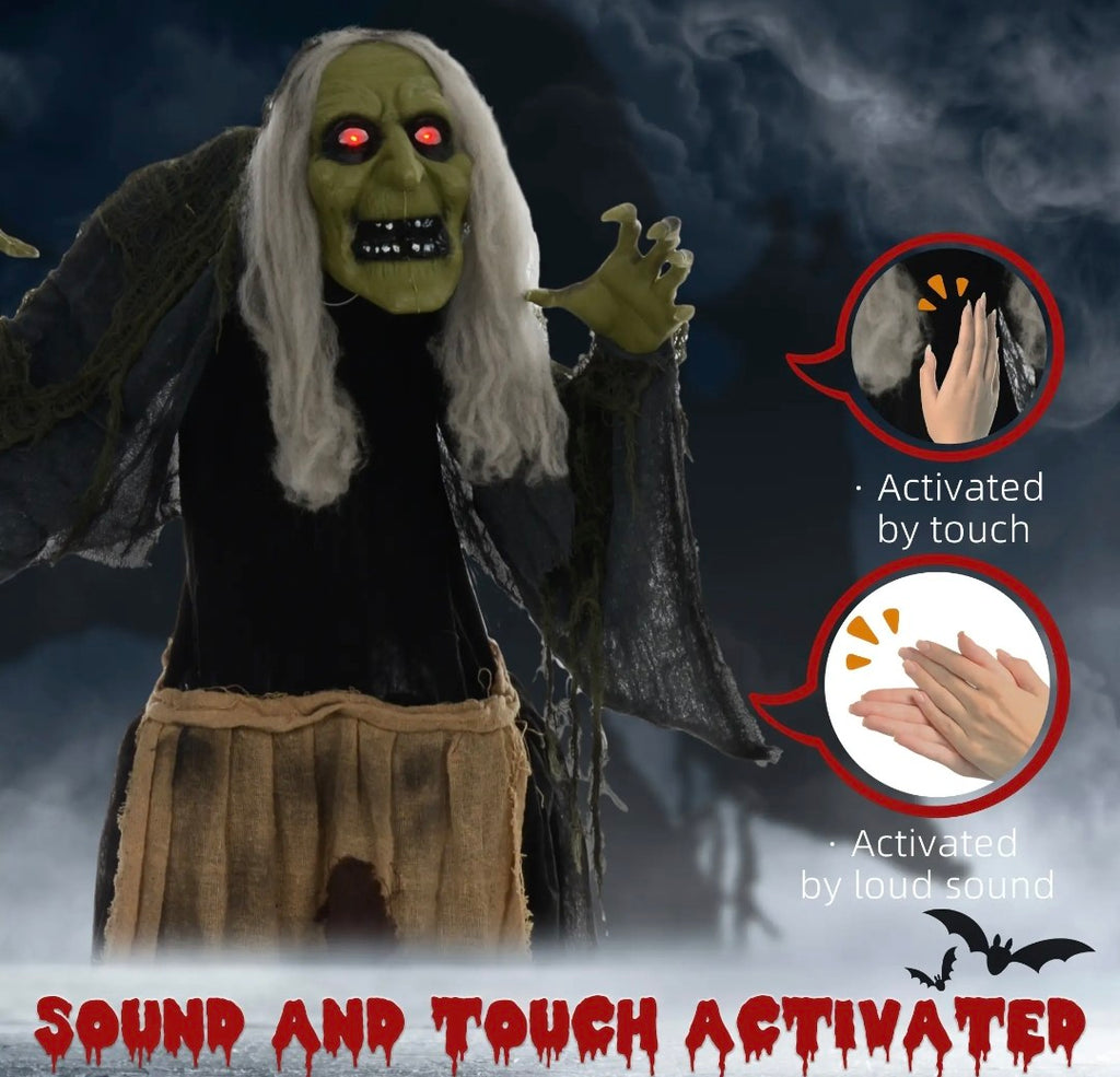 Animatronic Hunchback Witch Halloween Decoration | Glowing Red Eyes, Moving Head & Shoulders, Touch & Sound Activated | 160cm