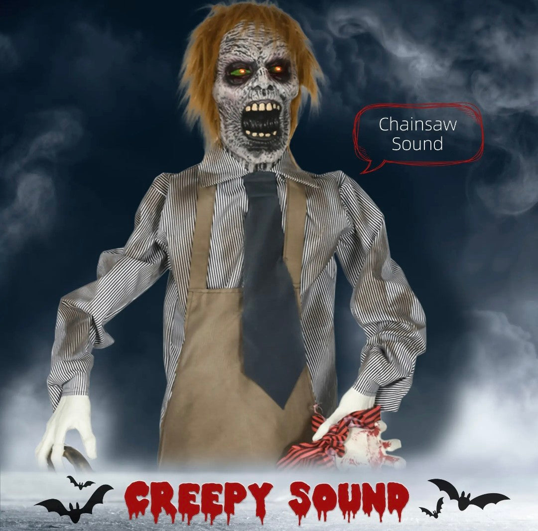 Animatronic Life-Size Chainsaw Killer Halloween Decoration | Light-Up Eyes, Sound Activated Moving Body | 5.5ft