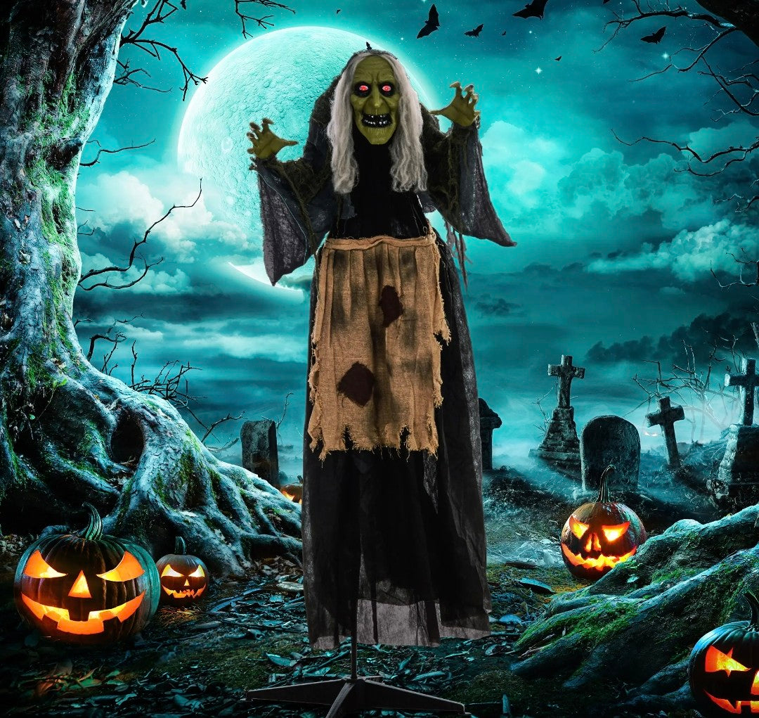 Animatronic Hunchback Witch Halloween Decoration | Glowing Red Eyes, Moving Head & Shoulders, Touch & Sound Activated | 160cm