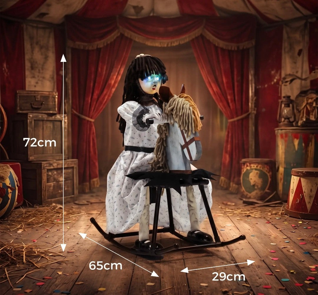 Animated Halloween Girl Riding Horse | Animatronic Decoration with Glowing Eyes, Creepy Rhymes & Sound/Touch Activation