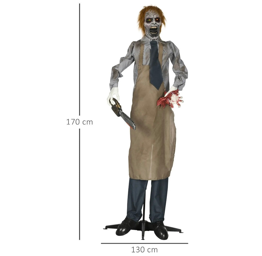Animatronic Life-Size Chainsaw Killer Halloween Decoration | Light-Up Eyes, Sound Activated Moving Body | 5.5ft