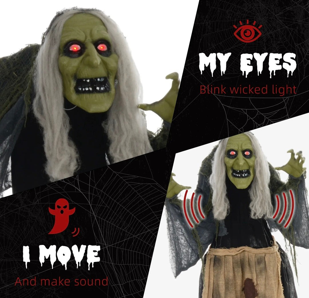 Animatronic Hunchback Witch Halloween Decoration | Glowing Red Eyes, Moving Head & Shoulders, Touch & Sound Activated | 160cm