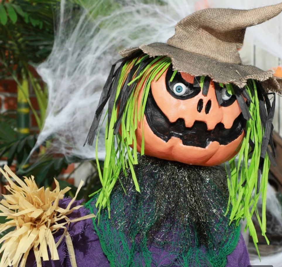 Animatronic Pumpkin Scarecrow Halloween Decoration | Glowing Red Eyes, Circus Music, Touch & Sound Activated | 114cm