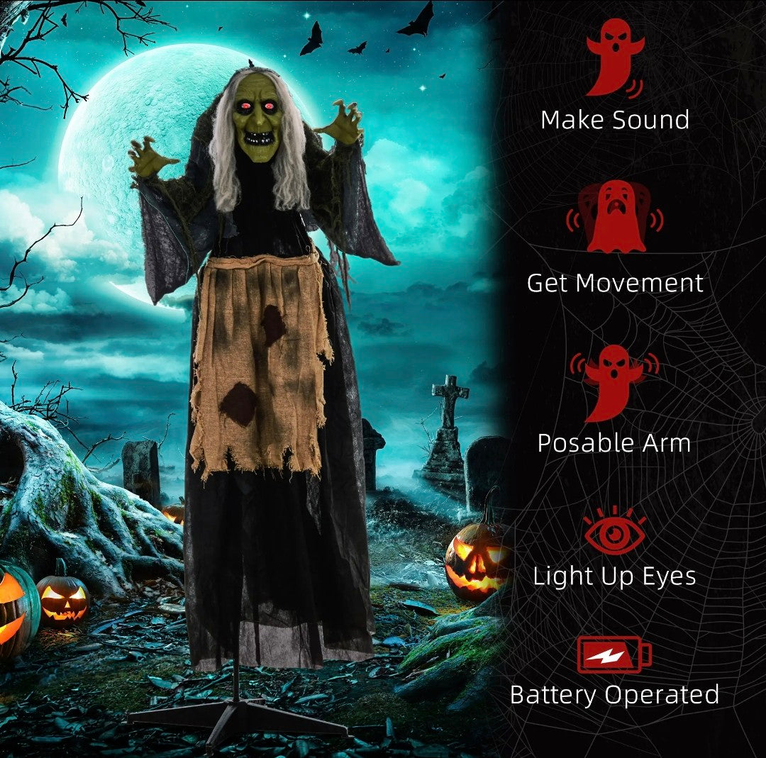 Animatronic Hunchback Witch Halloween Decoration | Glowing Red Eyes, Moving Head & Shoulders, Touch & Sound Activated | 160cm
