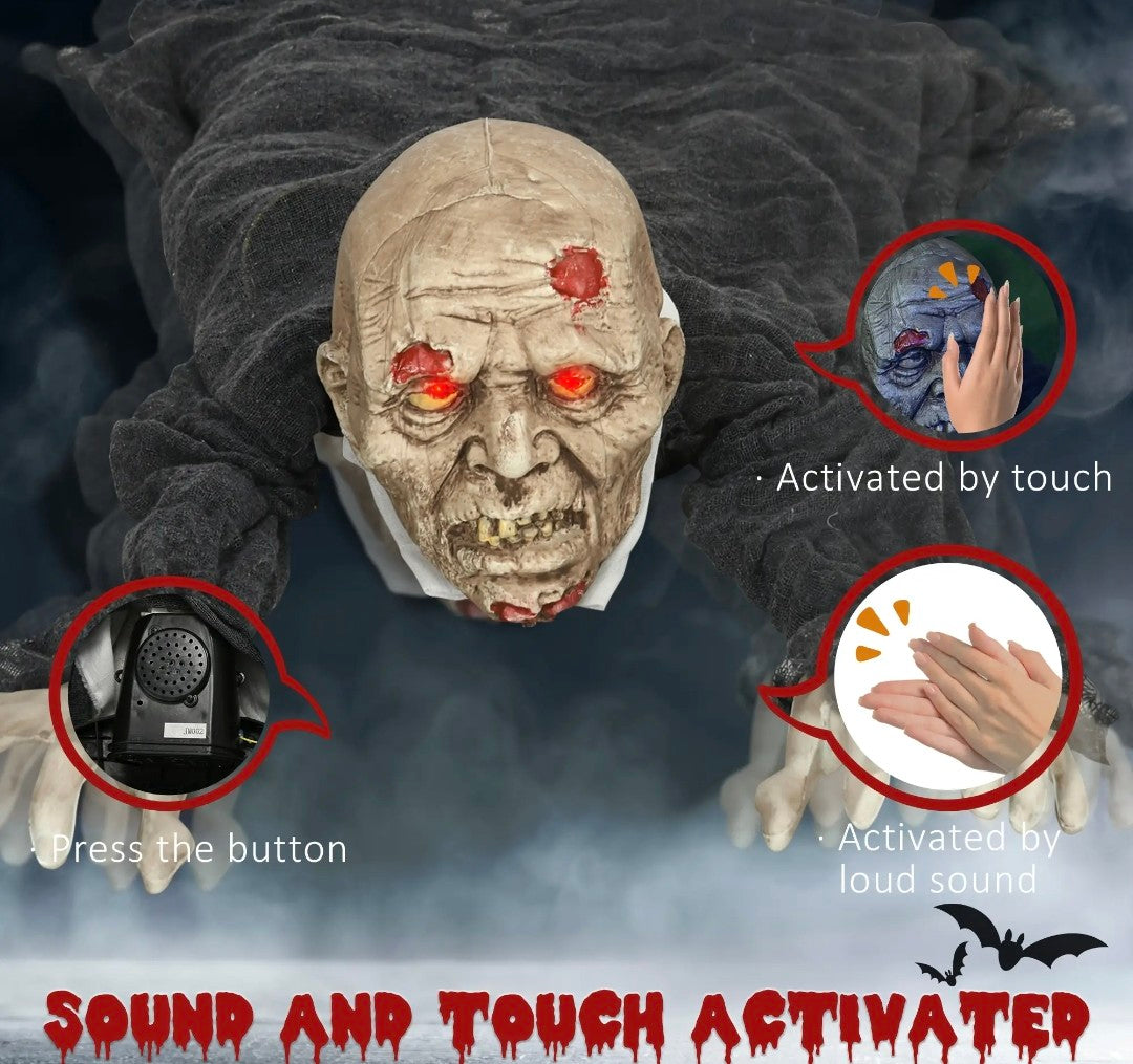 Animatronic Outdoor Crawling Zombie Halloween Decoration | Glowing Red Eyes, Howling Sound, Motion Activated | 5.2ft