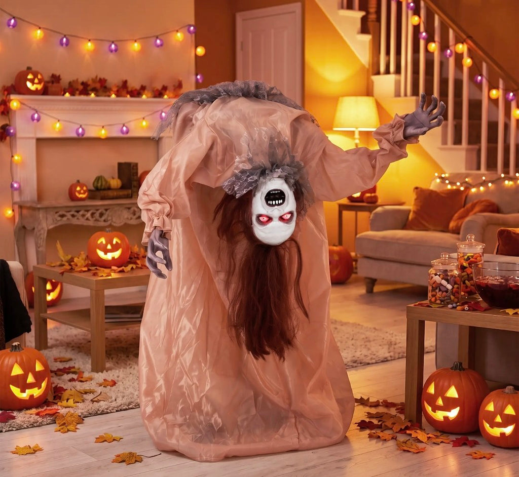 Animatronic Swaying Female Ghost Halloween Decoration | Glowing Red Eyes, Sound, Touch & Vibration Activated | 100cm