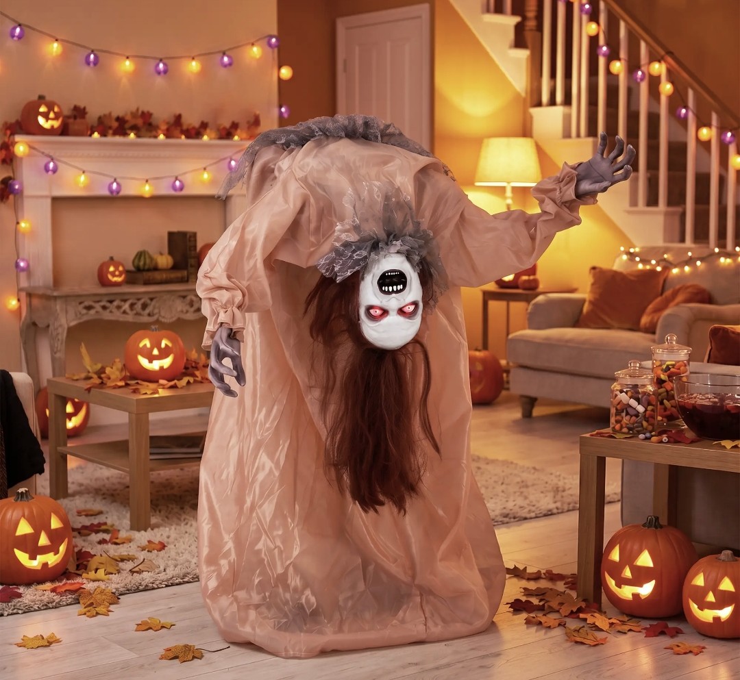 Animatronic Swaying Female Ghost Halloween Decoration | Glowing Red Eyes, Sound, Touch & Vibration Activated | 100cm