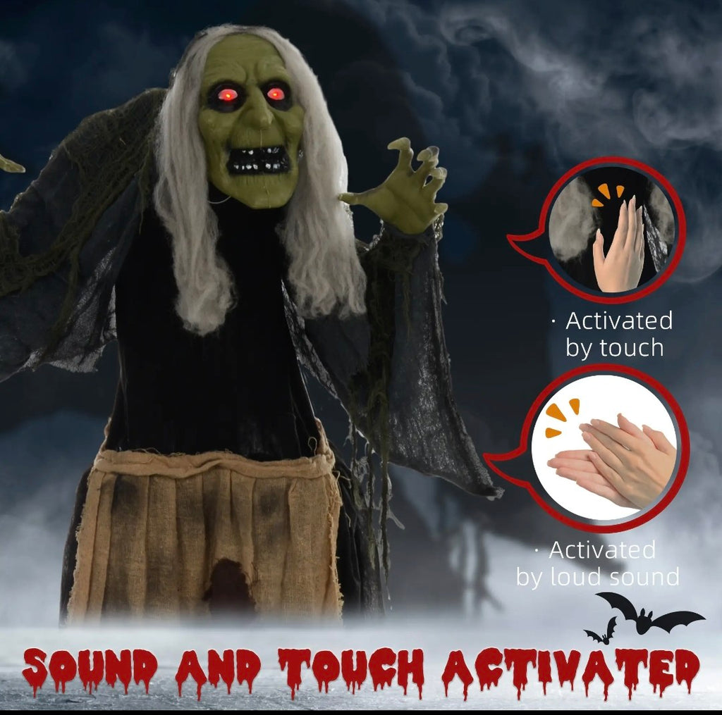 Animatronic Hunchback Witch Halloween Decoration | Glowing Red Eyes, Moving Head & Shoulders, Touch & Sound Activated | 160cm