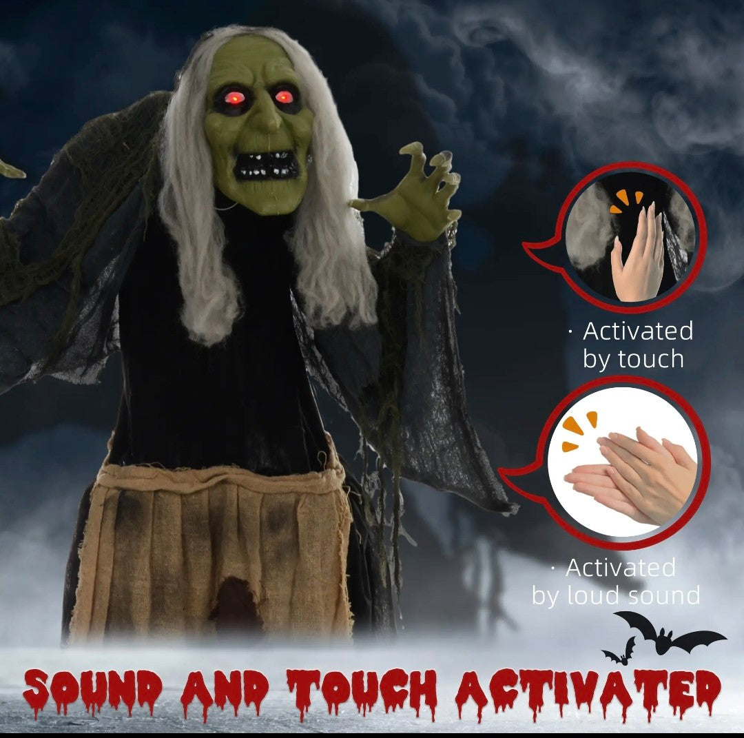 Animatronic Hunchback Witch Halloween Decoration | Glowing Red Eyes, Moving Head & Shoulders, Touch & Sound Activated | 160cm