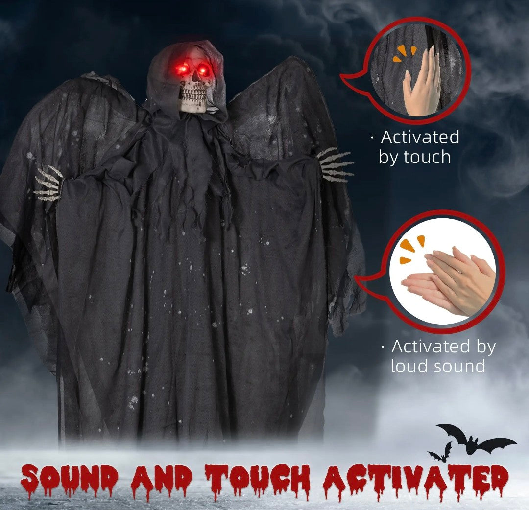 Animatronic Winged Grim Reaper Halloween Decoration | Glowing Red Eyes, Moving Head & Hands, Touch & Sound Activated | 6.3ft