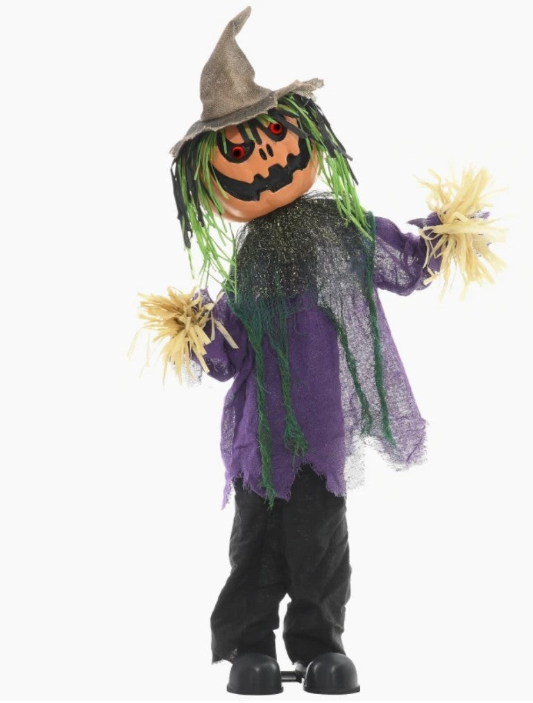 Animatronic Pumpkin Scarecrow Halloween Decoration | Glowing Red Eyes, Circus Music, Touch & Sound Activated | 114cm