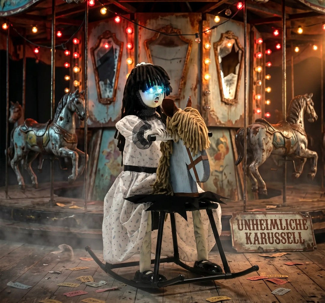 Animated Halloween Girl Riding Horse | Animatronic Decoration with Glowing Eyes, Creepy Rhymes & Sound/Touch Activation