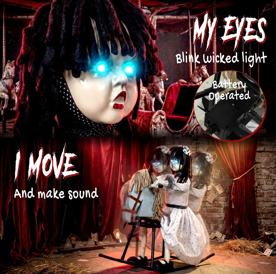 Animated Halloween Girl Riding Horse | Animatronic Decoration with Glowing Eyes, Creepy Rhymes & Sound/Touch Activation