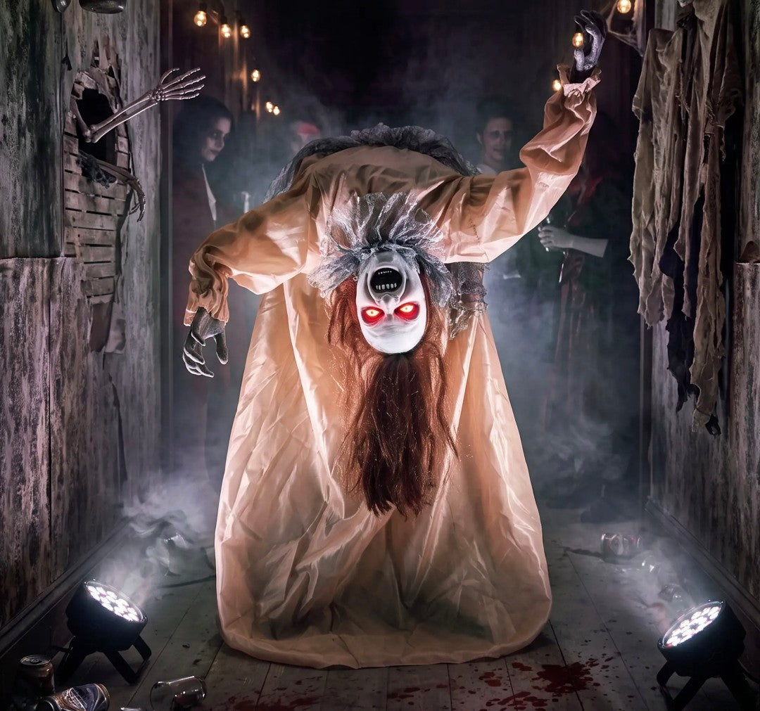 Animatronic Swaying Female Ghost Halloween Decoration | Glowing Red Eyes, Sound, Touch & Vibration Activated | 100cm