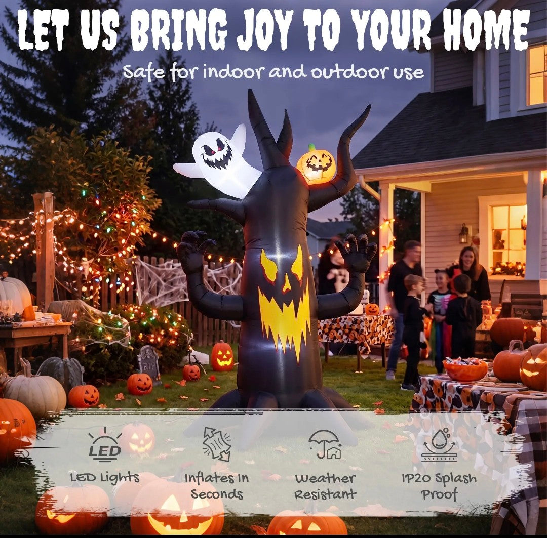 8ft Halloween Inflatable Spooky Tree with Ghost & Pumpkin – LED Lit Indoor/Outdoor Decoration