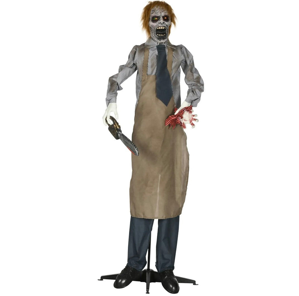 Animatronic Life-Size Chainsaw Killer Halloween Decoration | Light-Up Eyes, Sound Activated Moving Body | 5.5ft