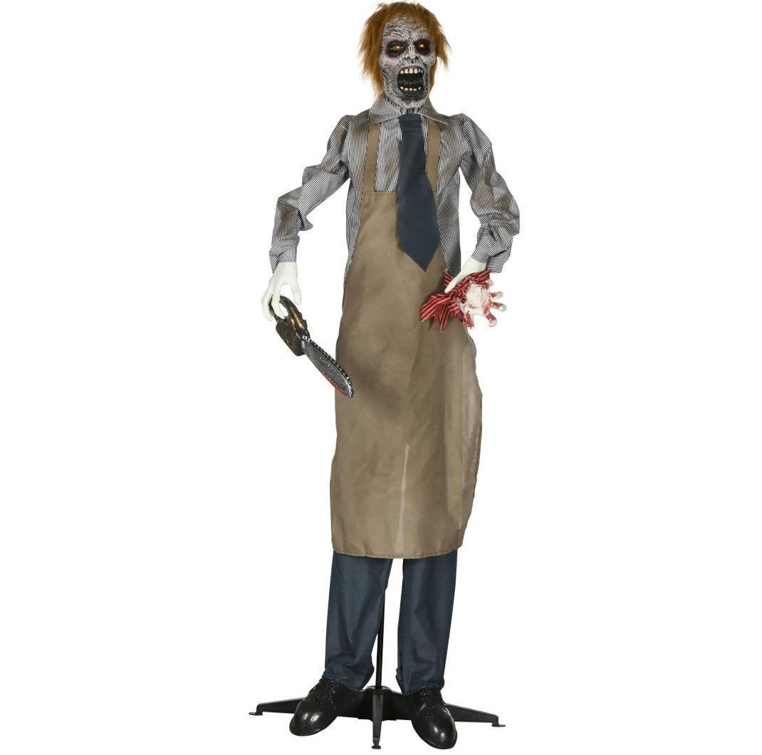 Animatronic Life-Size Chainsaw Killer Halloween Decoration | Light-Up Eyes, Sound Activated Moving Body | 5.5ft