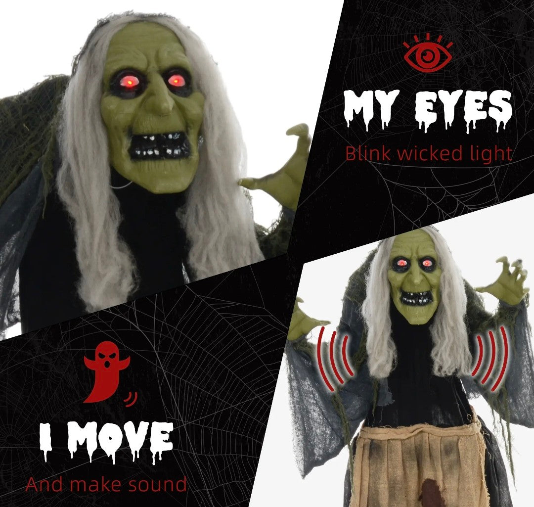 Animatronic Hunchback Witch Halloween Decoration | Glowing Red Eyes, Moving Head & Shoulders, Touch & Sound Activated | 160cm
