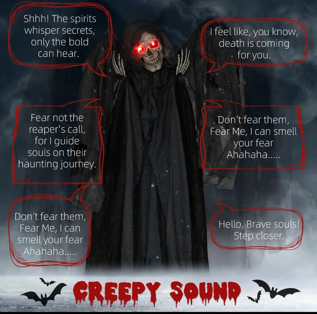 Animatronic Winged Grim Reaper Halloween Decoration | Glowing Red Eyes, Moving Head & Hands, Touch & Sound Activated | 6.3ft