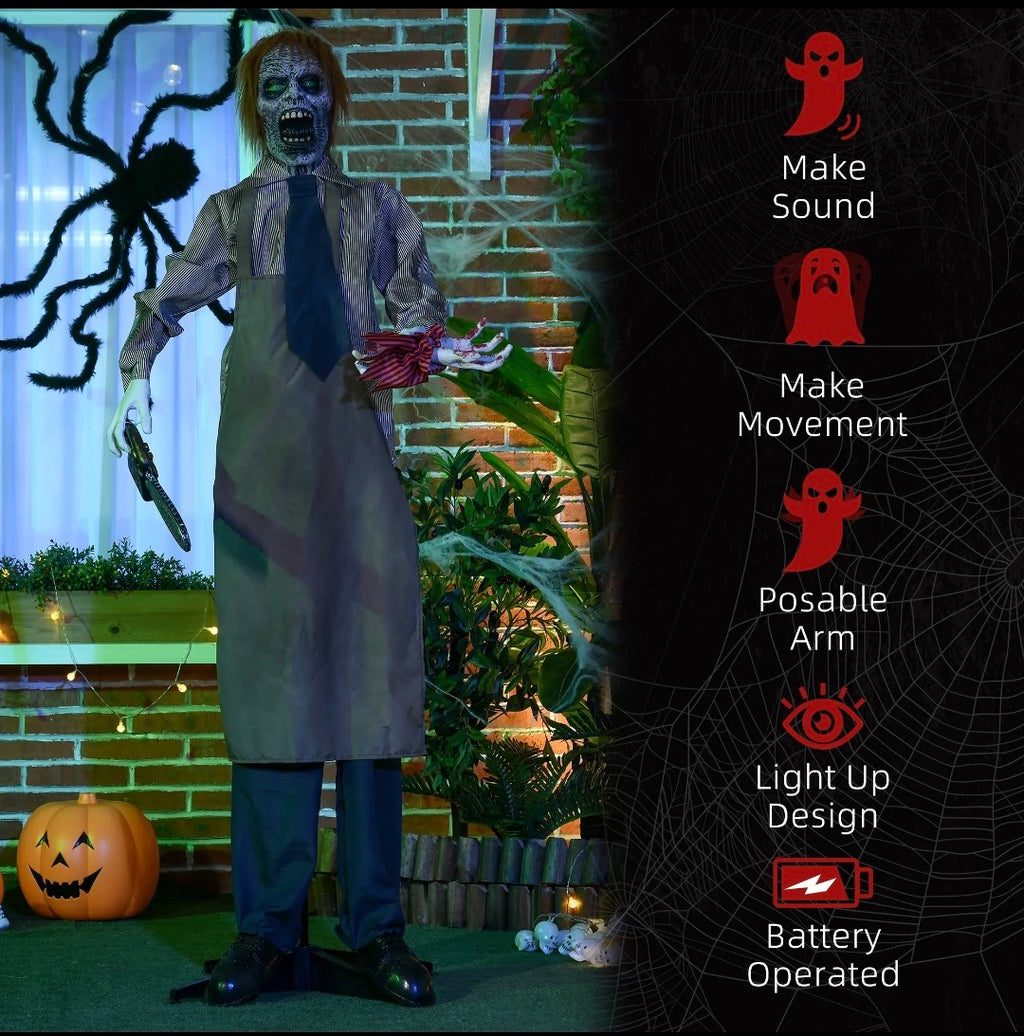Animatronic Life-Size Chainsaw Killer Halloween Decoration | Light-Up Eyes, Sound Activated Moving Body | 5.5ft