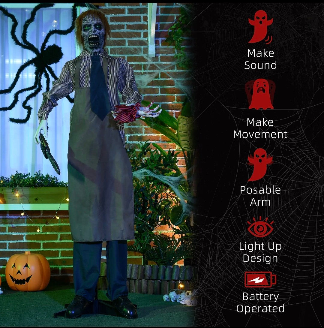 Animatronic Life-Size Chainsaw Killer Halloween Decoration | Light-Up Eyes, Sound Activated Moving Body | 5.5ft