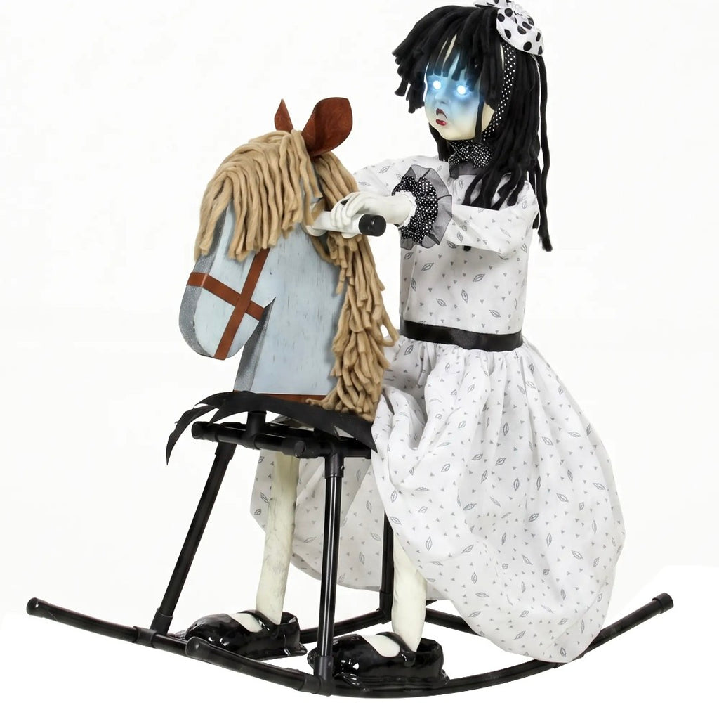 Animated Halloween Girl Riding Horse | Animatronic Decoration with Glowing Eyes, Creepy Rhymes & Sound/Touch Activation